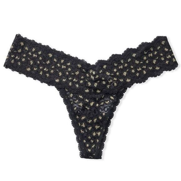 NWT (XXL) Victoria’s Secret Sparkly Black Lace Thong Panty Gold Shimmer Animal P - Picture 1 of 6